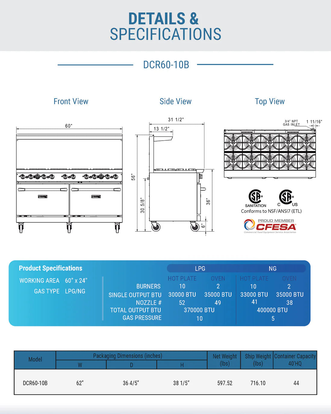 Dukers DCR60-10B 60" Gas Range with Ten (10) Open Burners