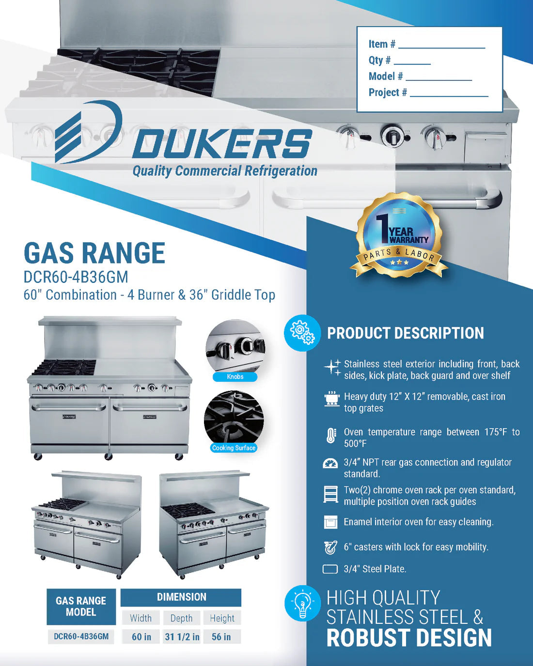 Dukers DCR60-4B36GM 60" Gas Range with Four (4) Open Burners & 36" Griddle