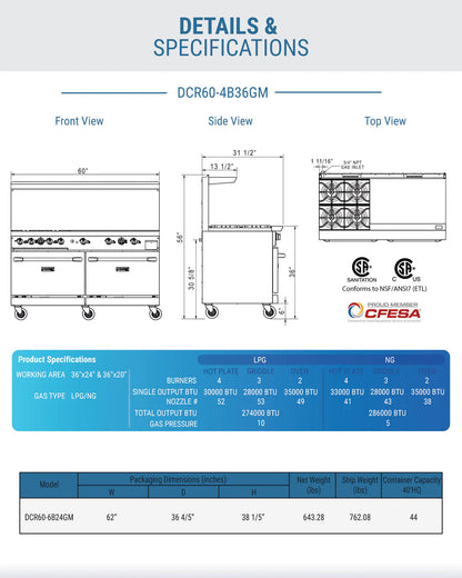 Dukers DCR60-4B36GM 60" Gas Range with Four (4) Open Burners & 36" Griddle