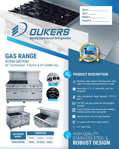 Dukers DCR60-6B24GM 60" Gas Range with Six (6) Open Burners & 24" Griddle