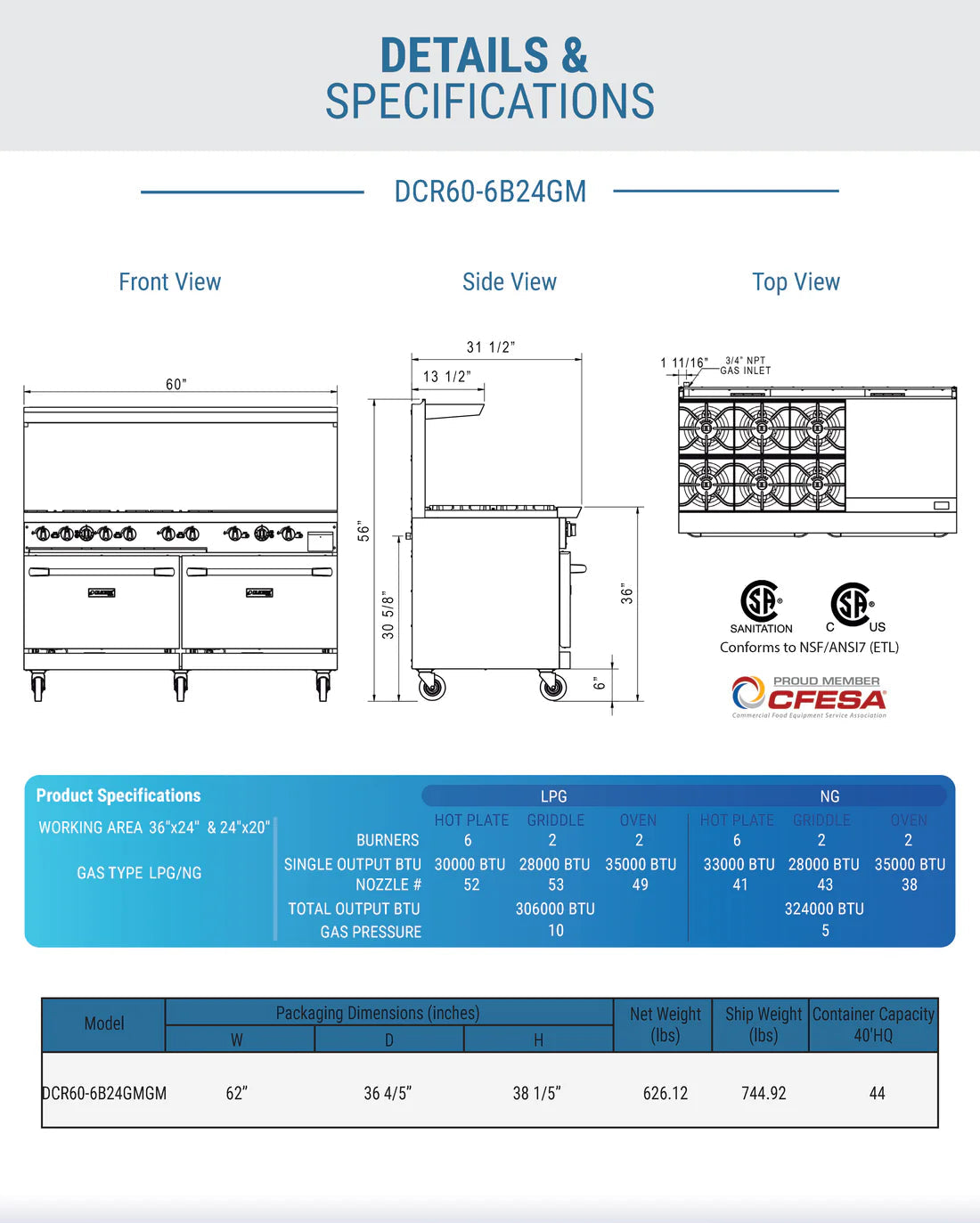 Dukers DCR60-6B24GM 60" Gas Range with Six (6) Open Burners & 24" Griddle