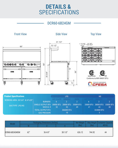 Dukers DCR60-6B24GM 60" Gas Range with Six (6) Open Burners & 24" Griddle
