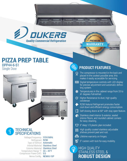 Dukers DPP44-6-S1 Commercial Single Door Pizza Prep Table Refrigerator