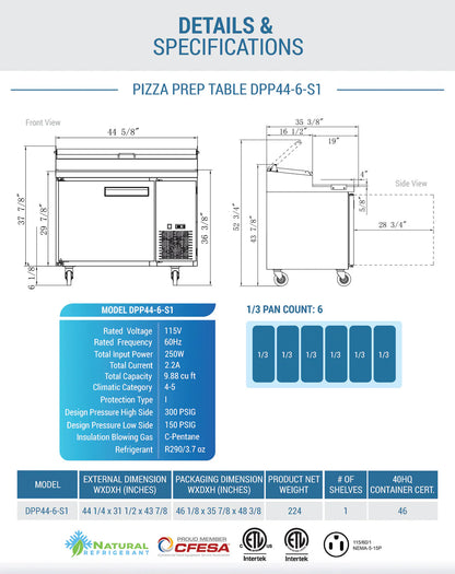 Dukers DPP44-6-S1 Commercial Single Door Pizza Prep Table Refrigerator