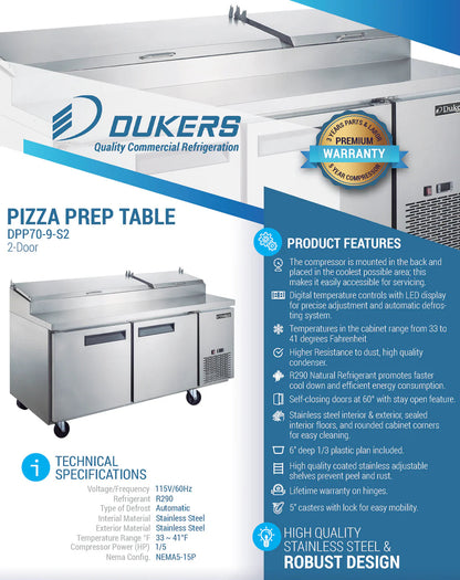 Dukers DPP70-9-S2 Commercial 2-Door Pizza Prep Table Refrigerator