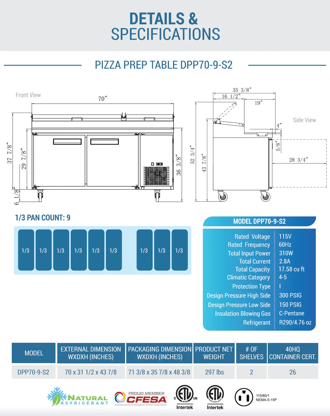 Dukers DPP70-9-S2 Commercial 2-Door Pizza Prep Table Refrigerator