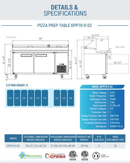 Dukers DPP70-9-S2 Commercial 2-Door Pizza Prep Table Refrigerator