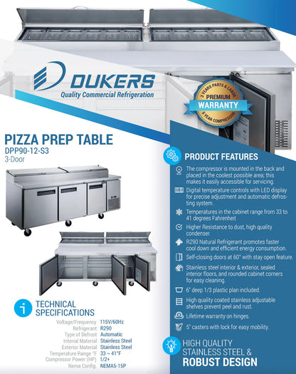 Dukers DPP90-12-S3 Commercial 3-Door Pizza Prep Table Refrigerator