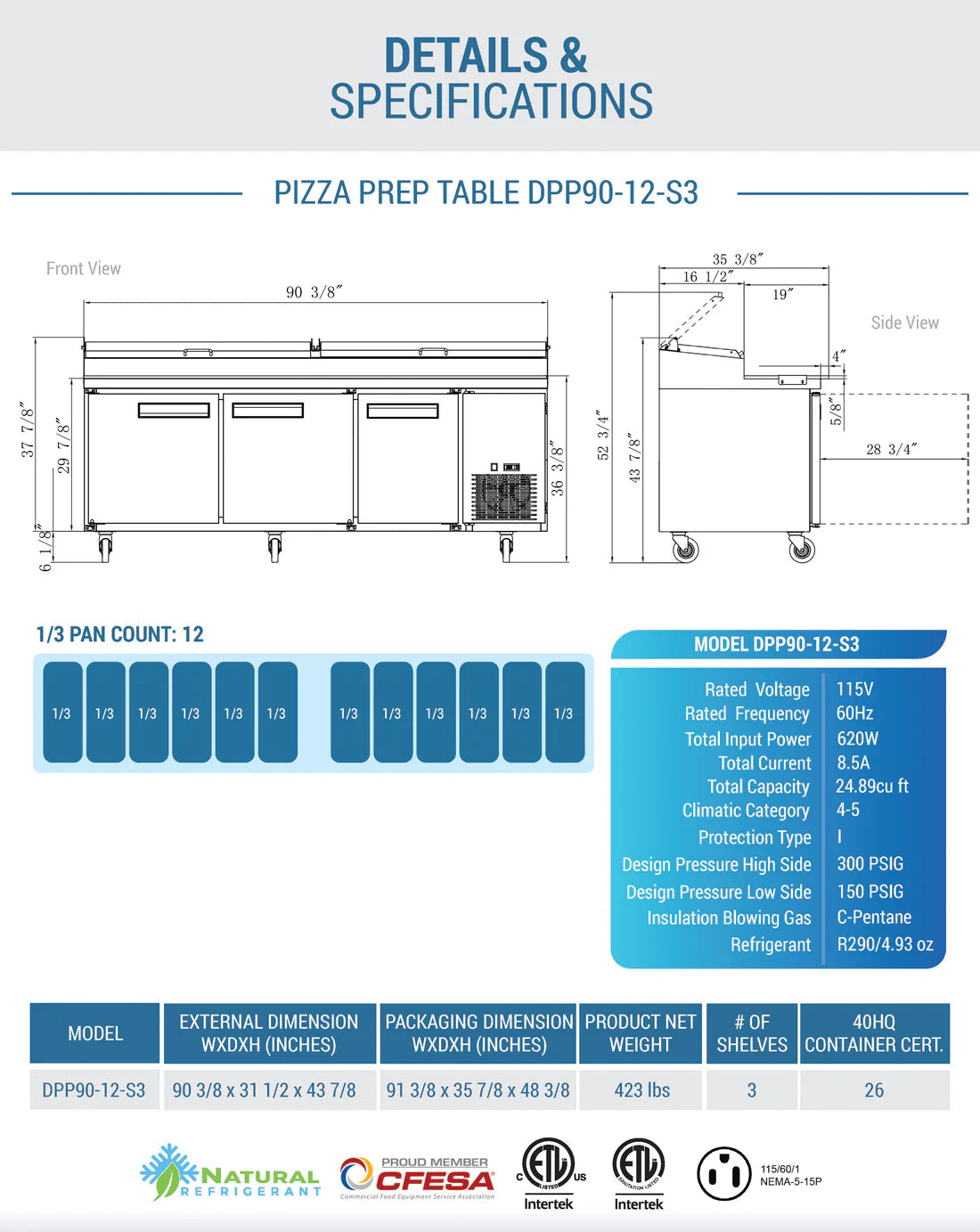 Dukers DPP90-12-S3 Commercial 3-Door Pizza Prep Table Refrigerator