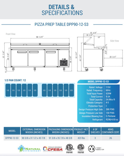 Dukers DPP90-12-S3 Commercial 3-Door Pizza Prep Table Refrigerator