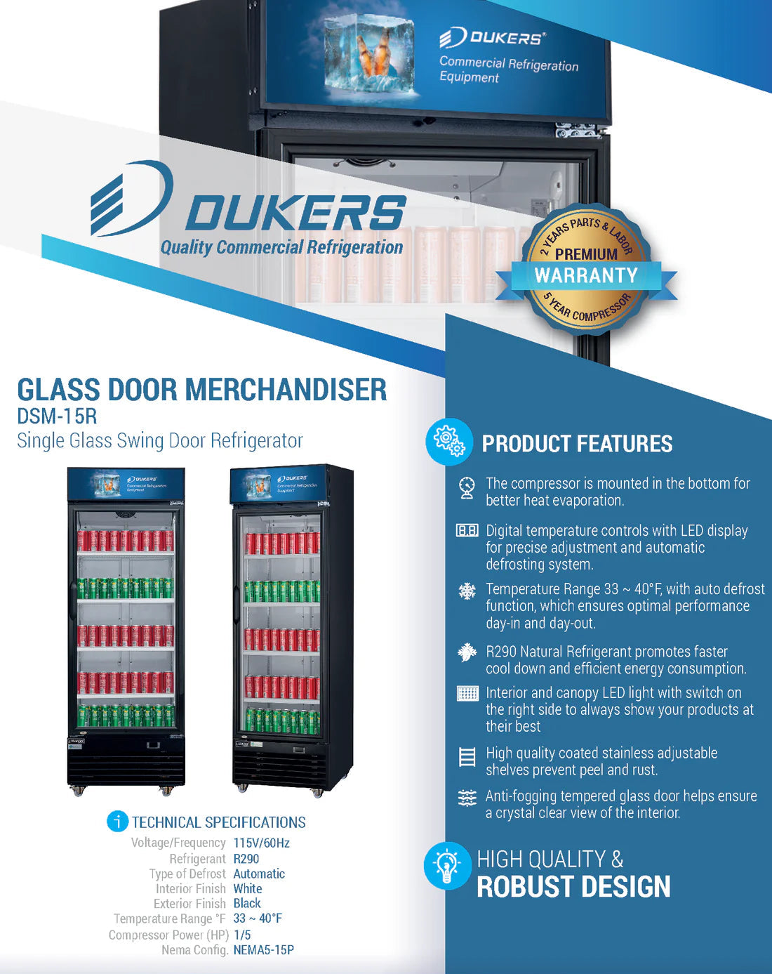 Dukers DSM-15R Commercial Single Glass Swing Door Merchandiser Refrigerator