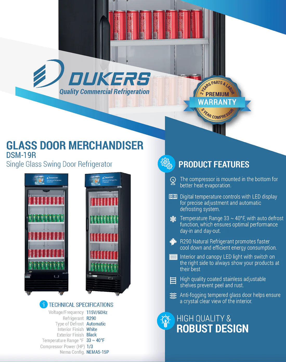 Dukers DSM-19R Commercial Single Glass Swing Door Merchandiser Refrigerator