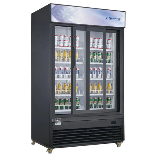 Dukers DSM-47SR Commercial Glass Sliding 2-Door Merchandiser Refrigerator in Black