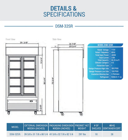 Dukers DSM-32SR Commercial Glass Sliding 2-Door Merchandiser Refrigerator