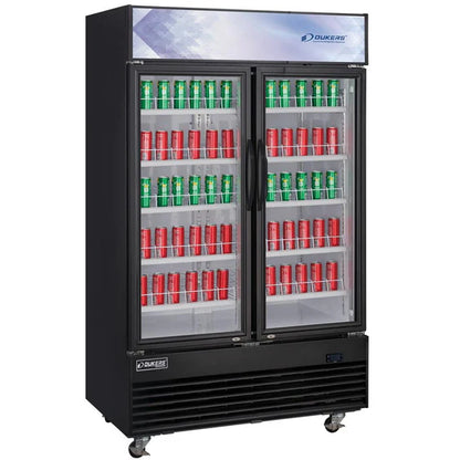Dukers DSM-48R Commercial Glass Swing 2-Door Merchandiser Refrigerator in Black