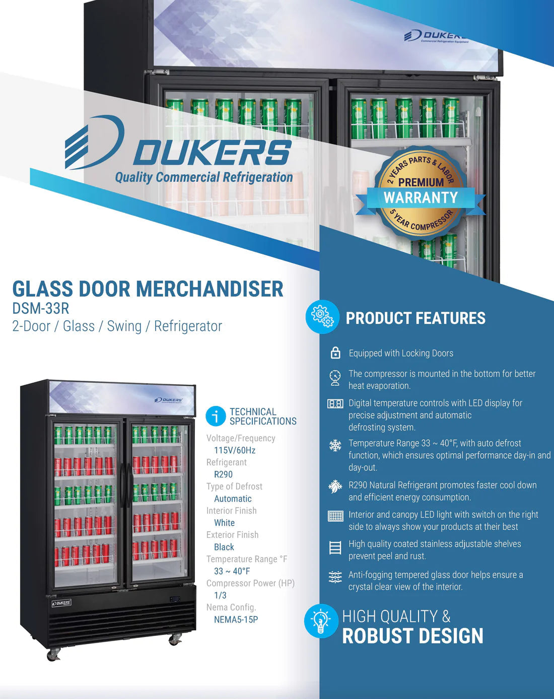 Dukers DSM-33R Commercial Glass Swing 2-Door Merchandiser Refrigerator