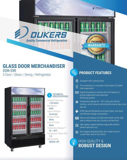 Dukers DSM-33R Commercial Glass Swing 2-Door Merchandiser Refrigerator