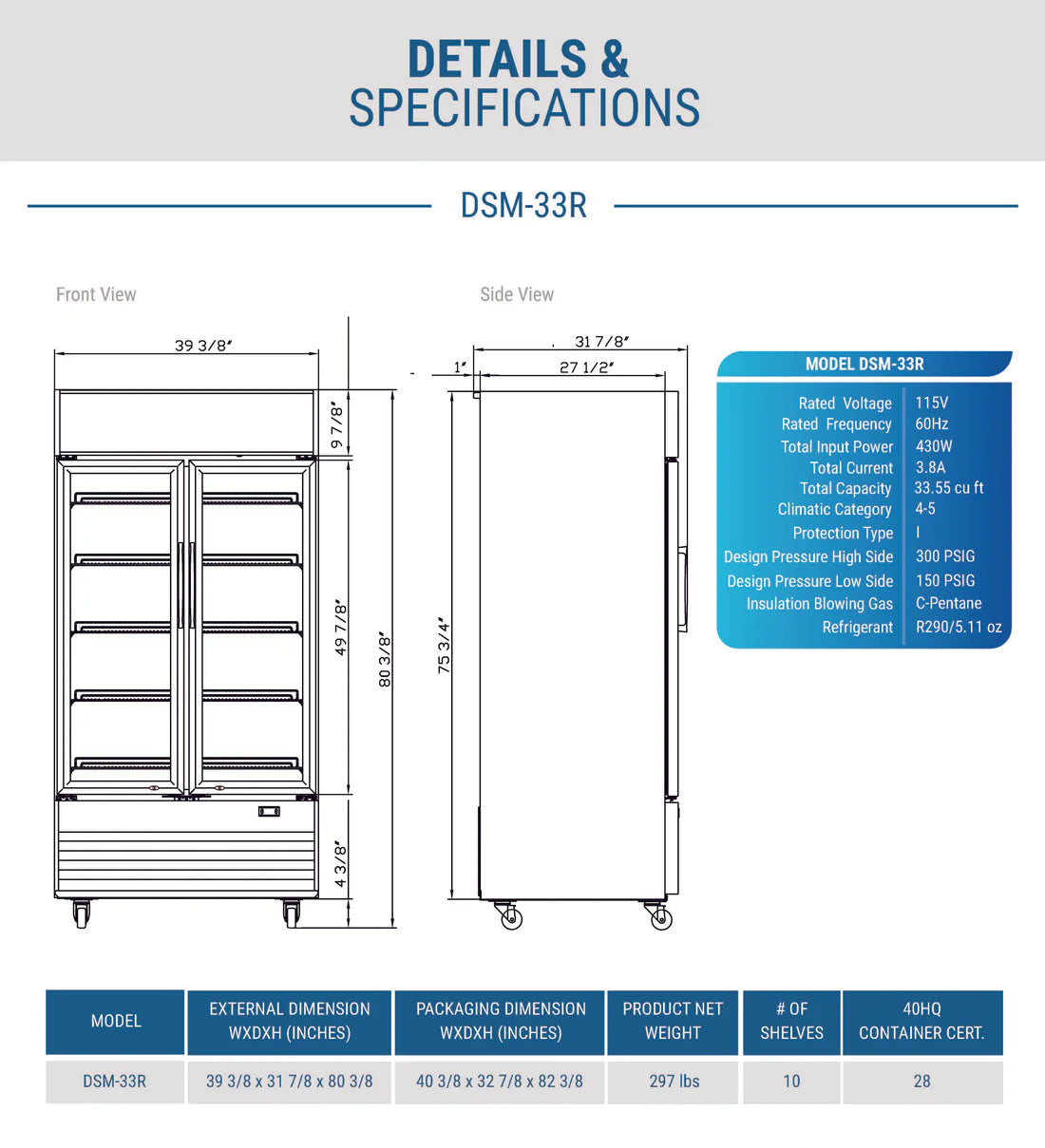 Dukers DSM-33R Commercial Glass Swing 2-Door Merchandiser Refrigerator