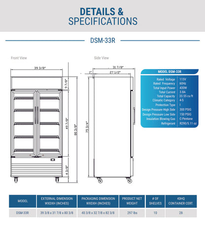 Dukers DSM-33R Commercial Glass Swing 2-Door Merchandiser Refrigerator