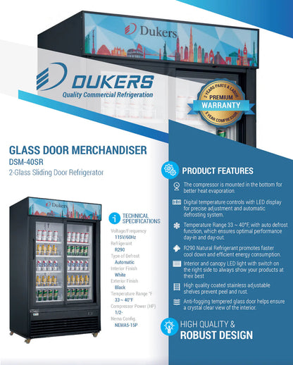 Dukers DSM-40SR Commercial Glass Sliding 2-Door Merchandiser Refrigerator in Black
