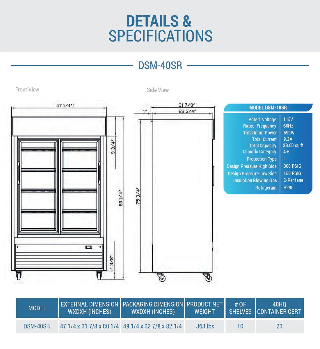 Dukers DSM-40SR Commercial Glass Sliding 2-Door Merchandiser Refrigerator in Black