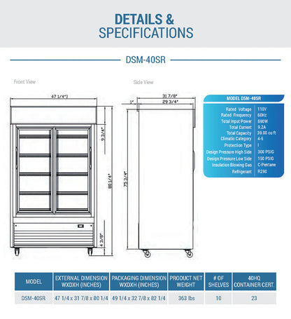 Dukers DSM-40SR Commercial Glass Sliding 2-Door Merchandiser Refrigerator in Black