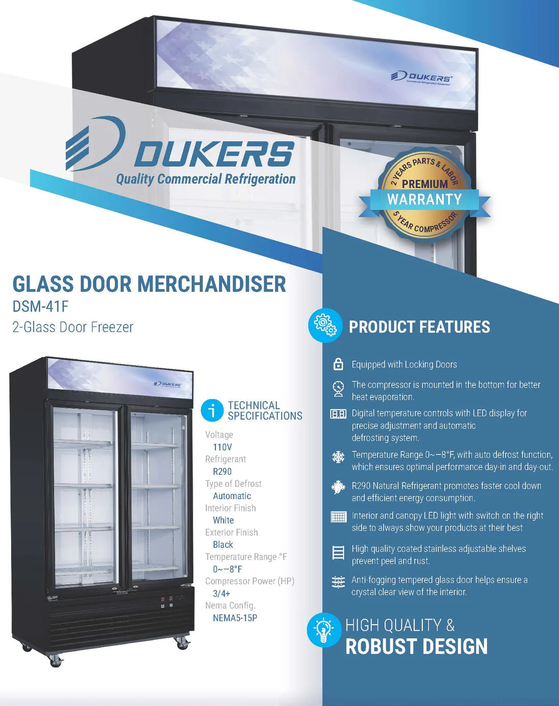 Dukers DSM-41F Commercial Glass Swing 2-Door Merchandiser Freezer