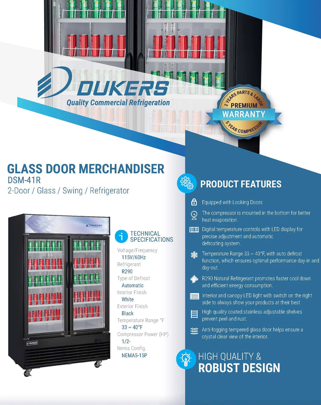 Dukers DSM-41R Commercial Glass Swing 2-Door Merchandiser Refrigerator