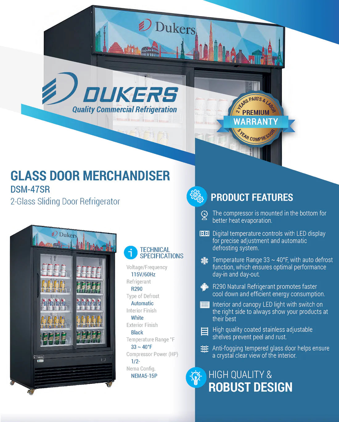 Dukers DSM-47SR Commercial Glass Sliding 2-Door Merchandiser Refrigerator in Black