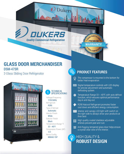 Dukers DSM-47SR Commercial Glass Sliding 2-Door Merchandiser Refrigerator in Black