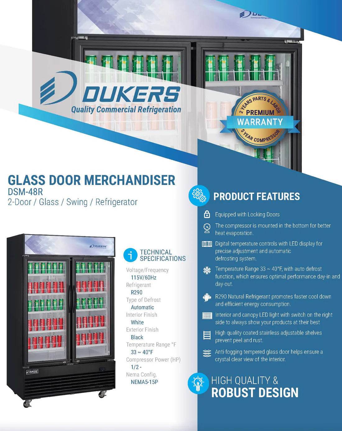 Dukers DSM-48R Commercial Glass Swing 2-Door Merchandiser Refrigerator in Black