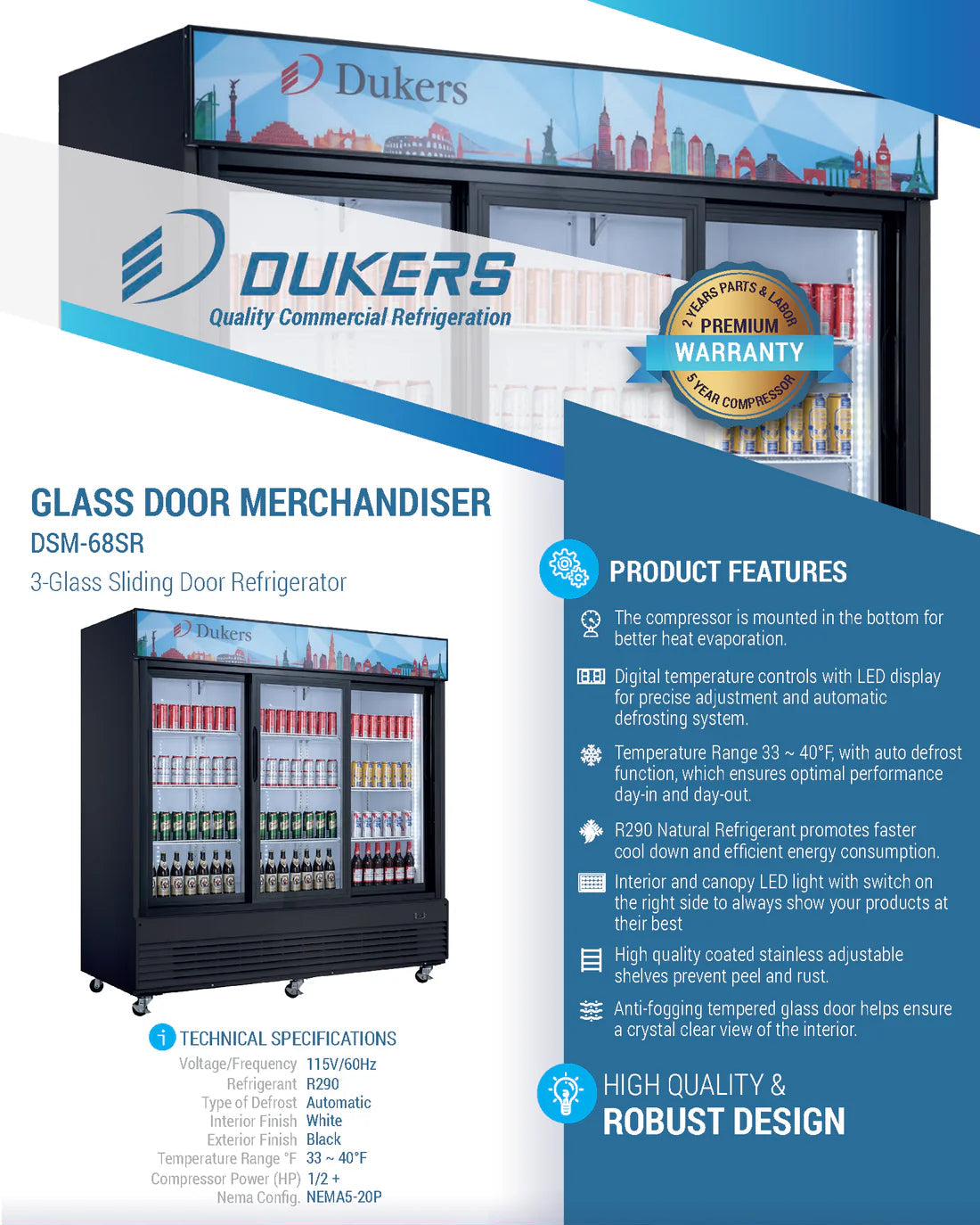Dukers DSM-68SR Commercial Glass Sliding 3-Door Merchandiser Refrigerator