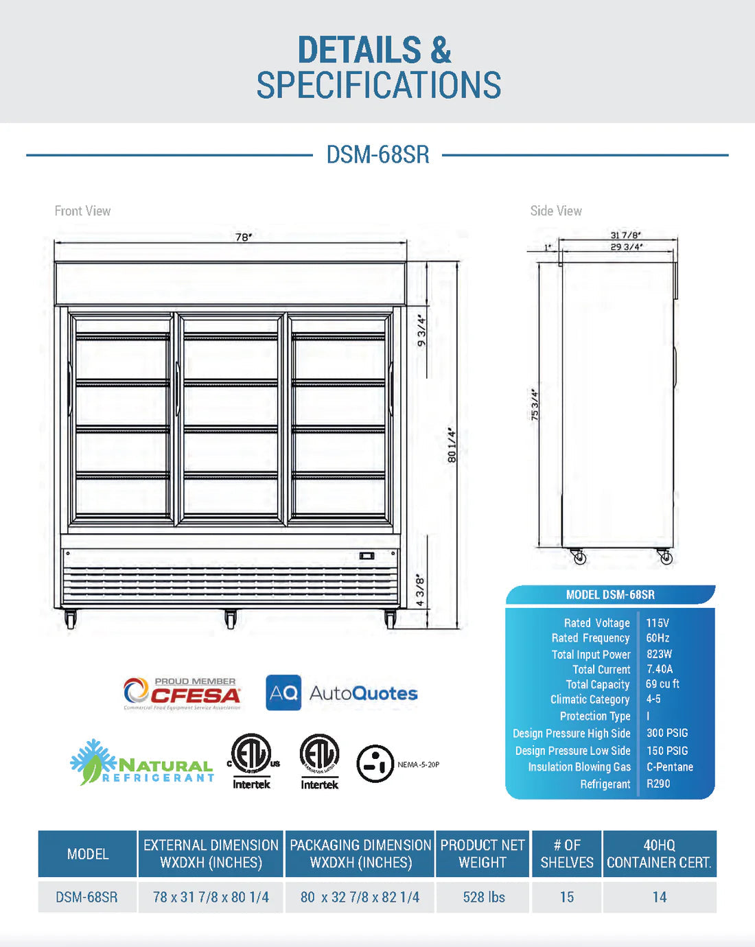 Dukers DSM-68SR Commercial Glass Sliding 3-Door Merchandiser Refrigerator