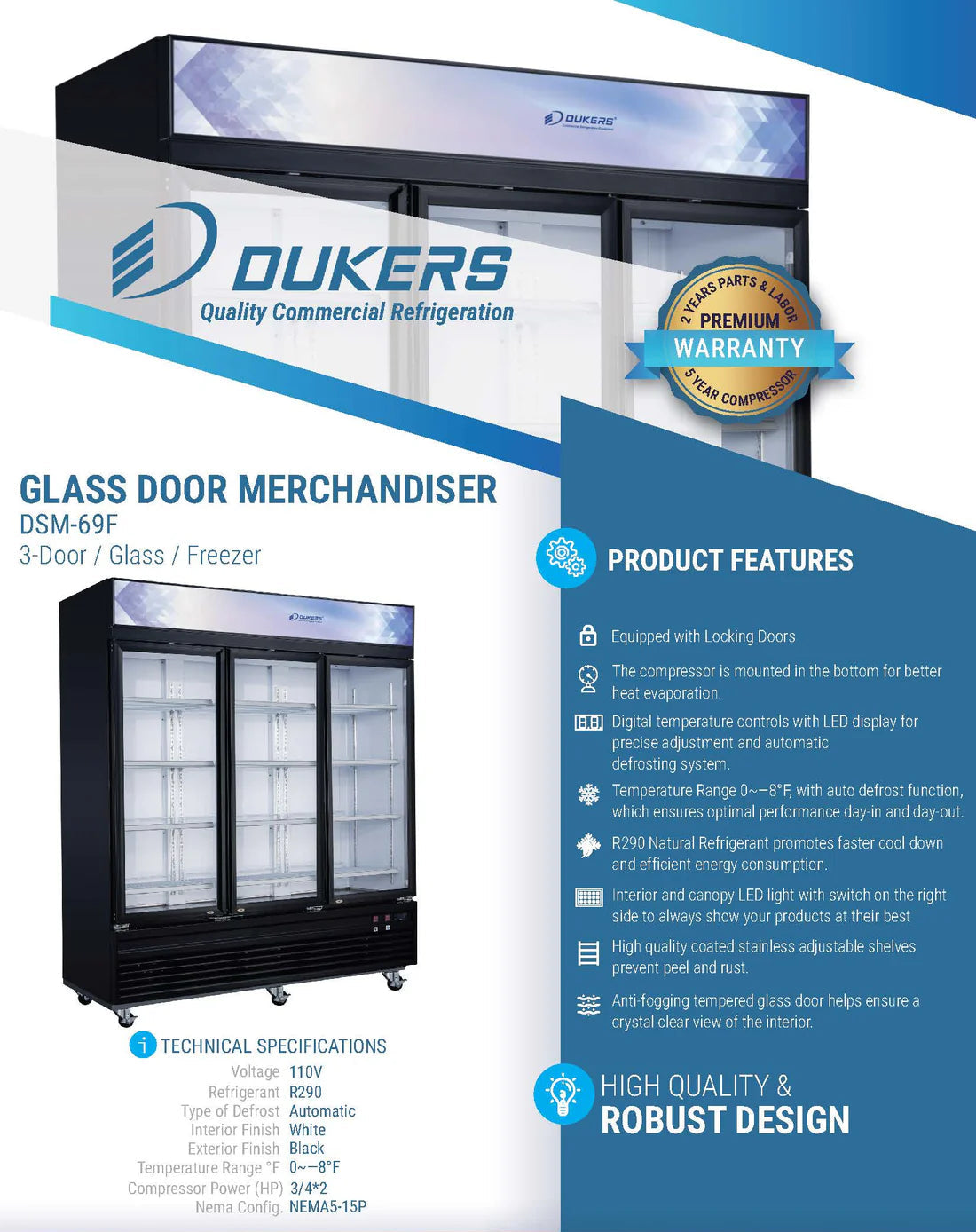 Dukers DSM-69F Commercial Glass Swing 3-Door Merchandiser Freezer