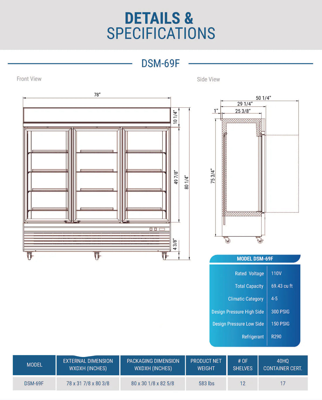 Dukers DSM-69F Commercial Glass Swing 3-Door Merchandiser Freezer