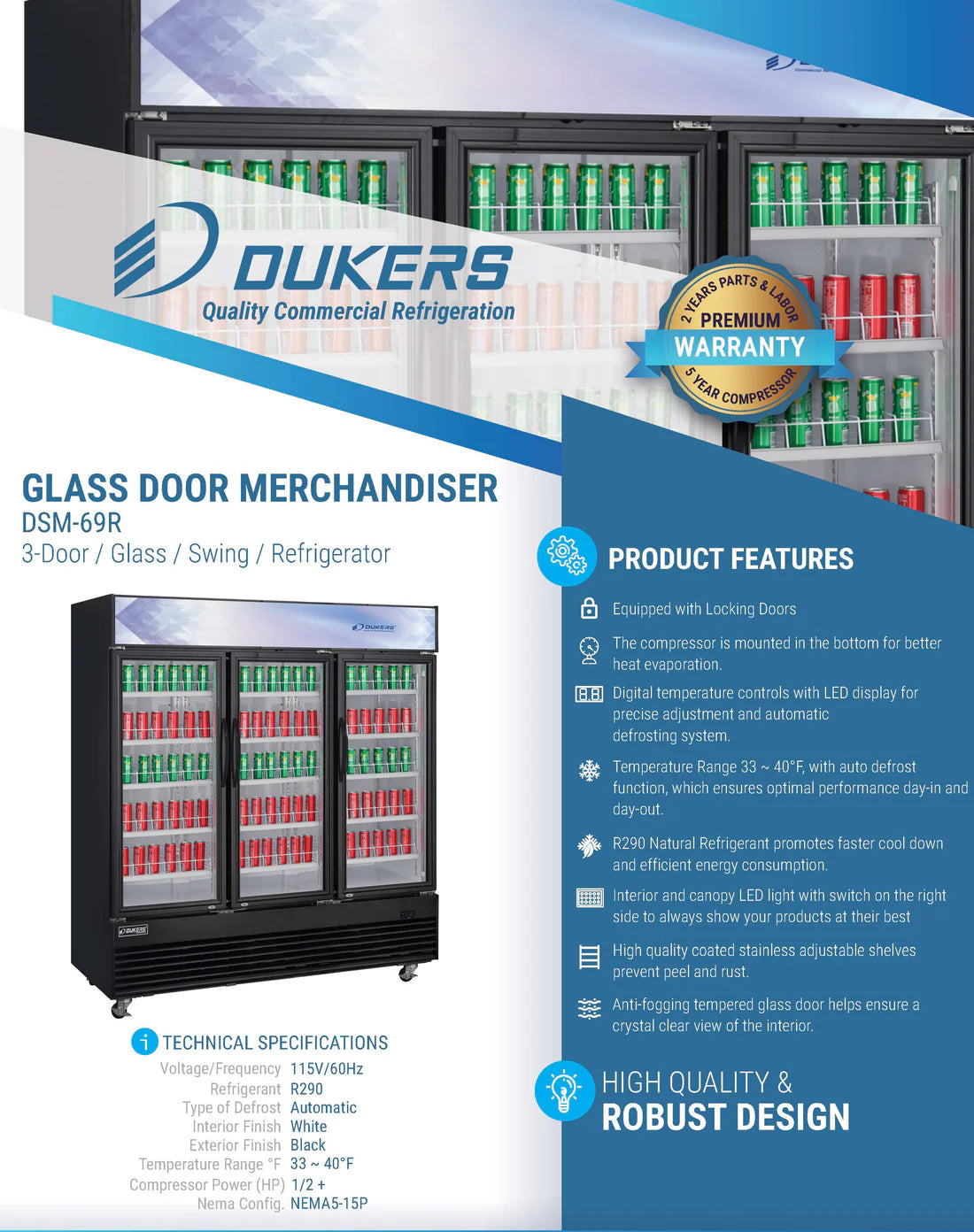 Dukers DSM-69R Commercial Glass Swing 3-Door Merchandiser Refrigerator