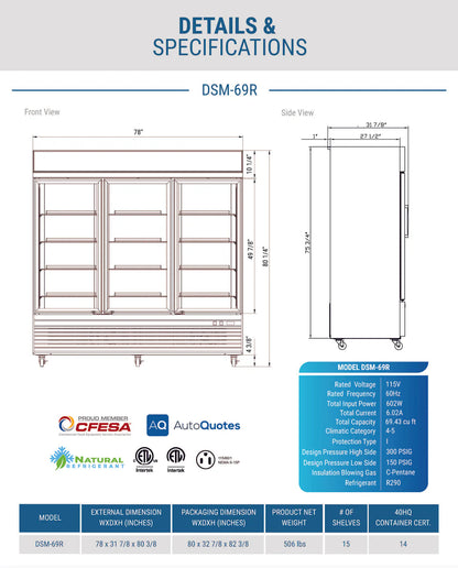 Dukers DSM-69R Commercial Glass Swing 3-Door Merchandiser Refrigerator