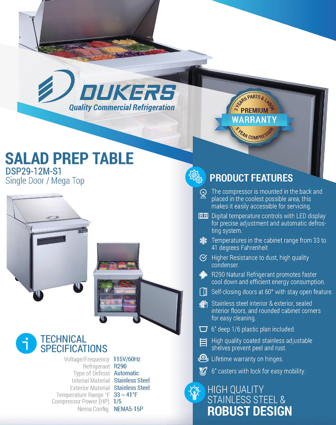 Dukers DSP29-12M-S1 1-Door Commercial Food Prep Table Refrigerator in Stainless Steel with Mega Top