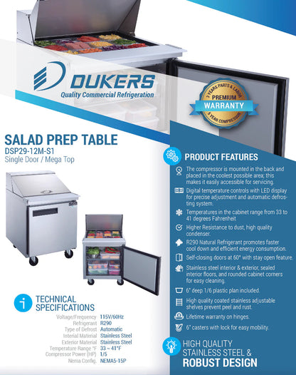 Dukers DSP29-12M-S1 1-Door Commercial Food Prep Table Refrigerator in Stainless Steel with Mega Top