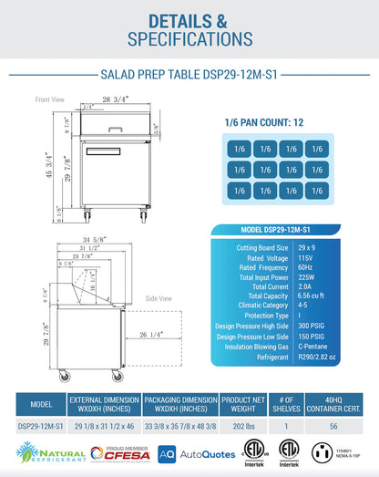 Dukers DSP29-12M-S1 1-Door Commercial Food Prep Table Refrigerator in Stainless Steel with Mega Top