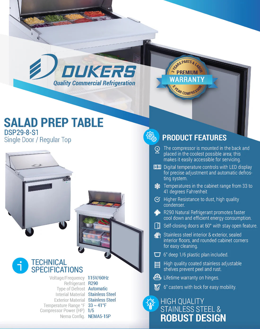 Dukers DSP29-8-S1 1-Door Commercial Food Prep Table Refrigerator in Stainless Steel