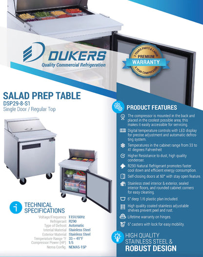 Dukers DSP29-8-S1 1-Door Commercial Food Prep Table Refrigerator in Stainless Steel