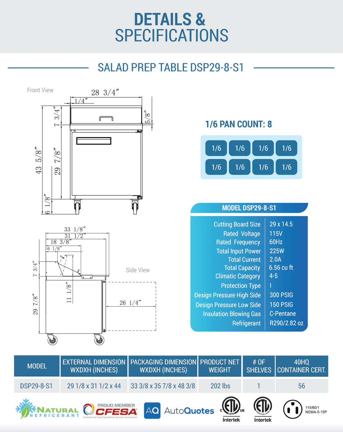 Dukers DSP29-8-S1 1-Door Commercial Food Prep Table Refrigerator in Stainless Steel