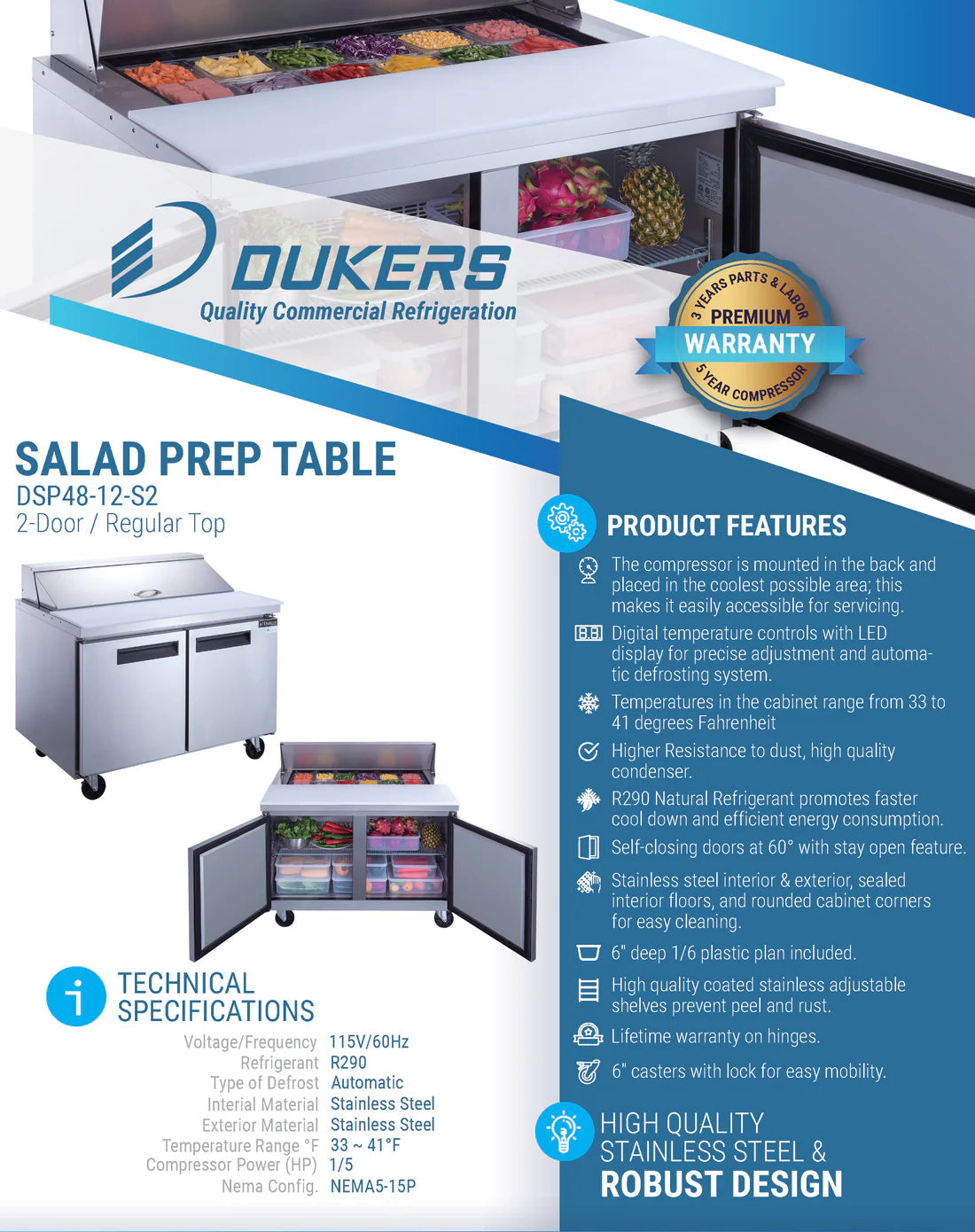 Dukers DSP48-12-S2 2-Door Commercial Food Prep Table Refrigerator in Stainless Steel