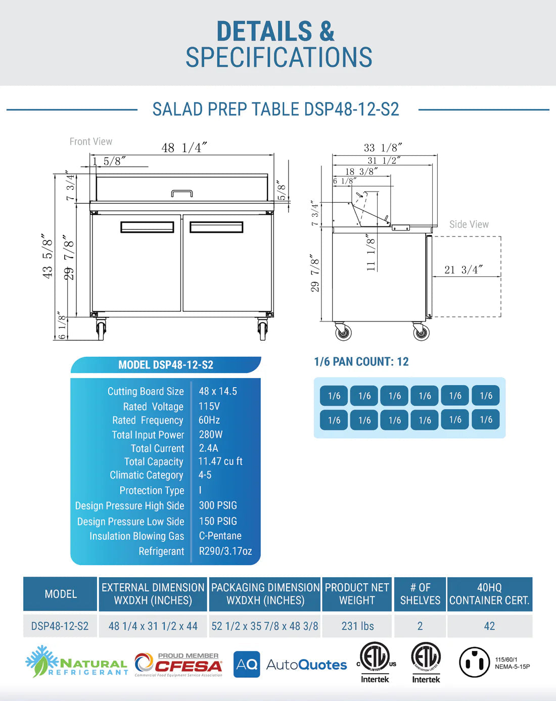 Dukers DSP48-12-S2 2-Door Commercial Food Prep Table Refrigerator in Stainless Steel