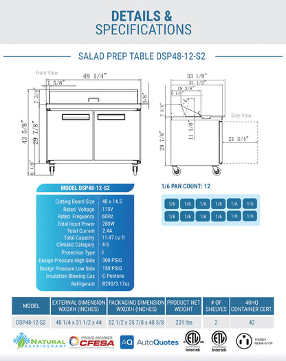 Dukers DSP48-12-S2 2-Door Commercial Food Prep Table Refrigerator in Stainless Steel