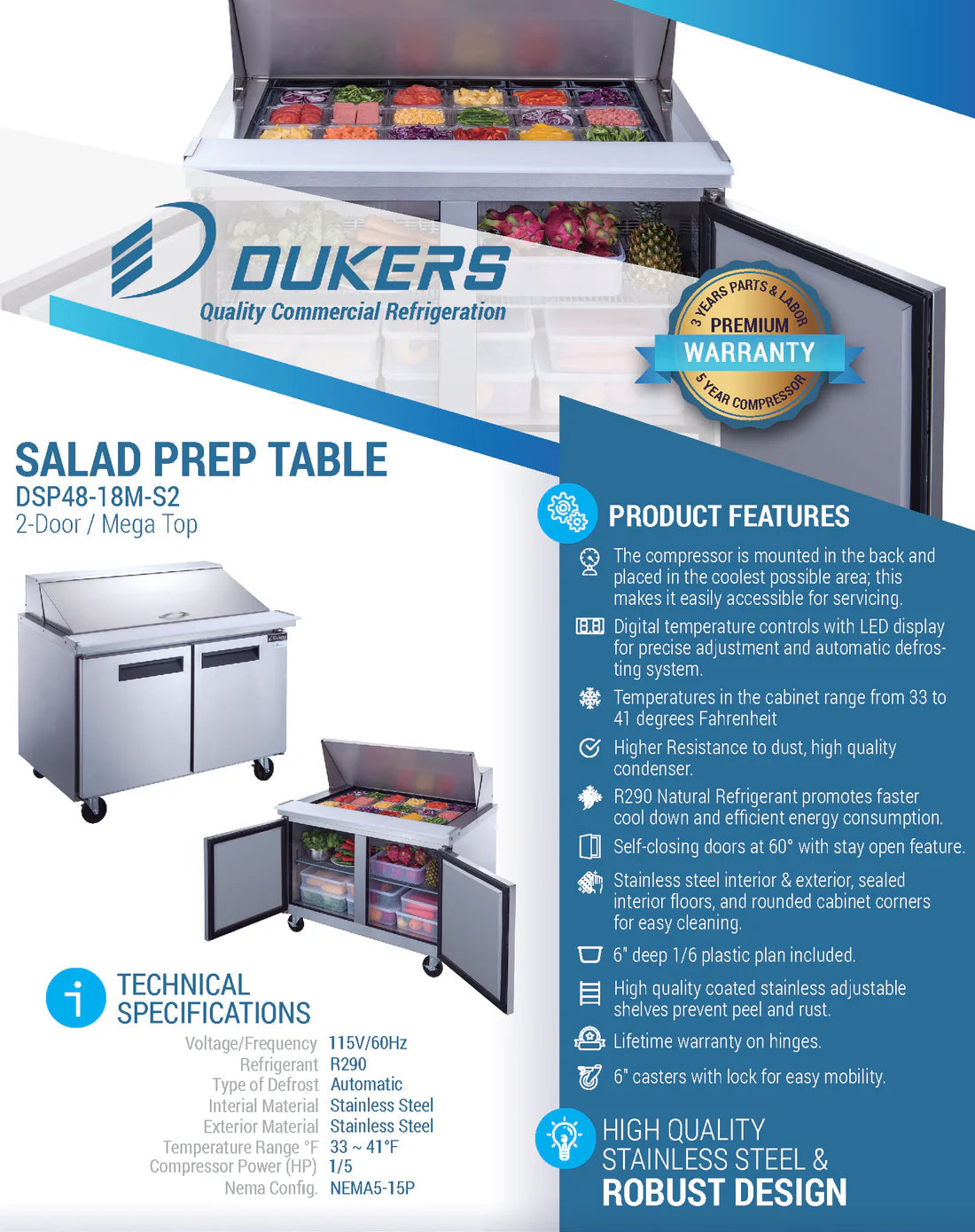 Dukers DSP48-18M-S2 2-Door Commercial Food Prep Table Refrigerator in Stainless Steel with Mega Top