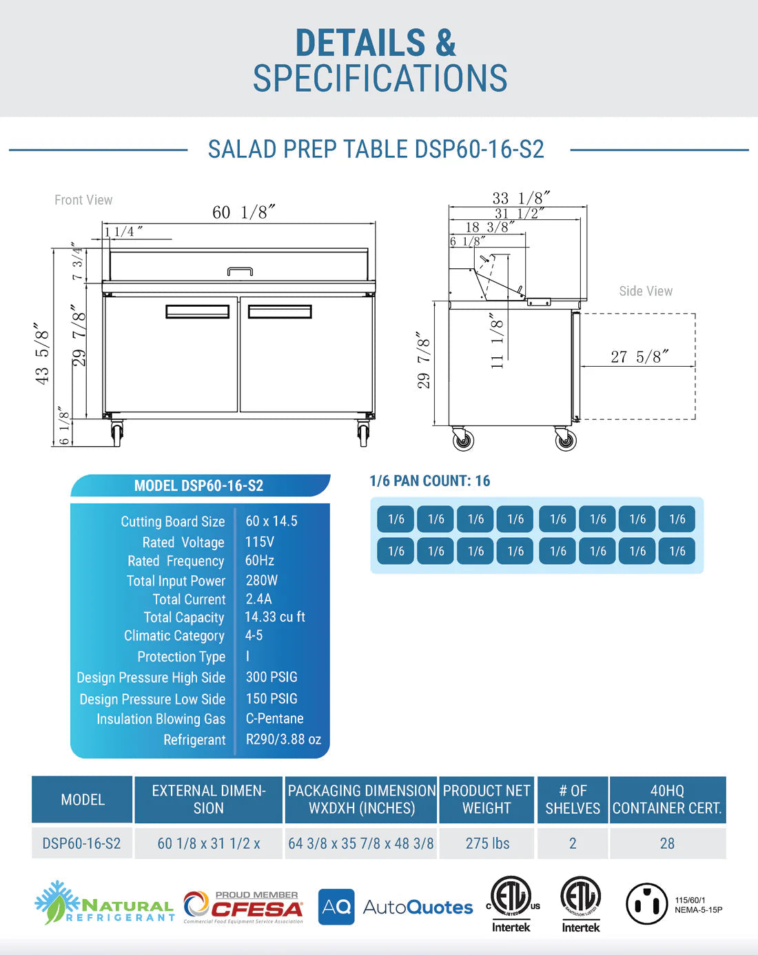 Dukers DSP60-16-S2 2-Door Commercial Food Prep Table Refrigerator in Stainless Steel