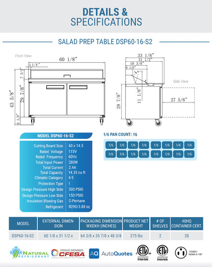 Dukers DSP60-16-S2 2-Door Commercial Food Prep Table Refrigerator in Stainless Steel