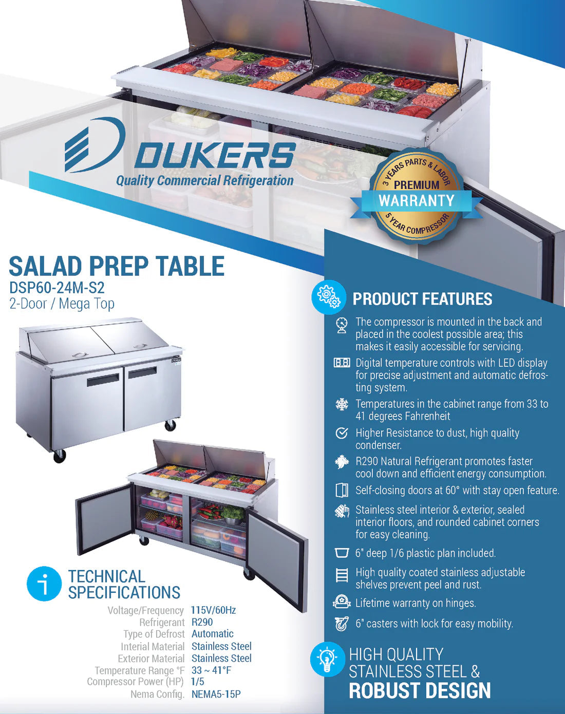 Dukers DSP60-24M-S2 2-Door Commercial Food Prep Table Refrigerator in Stainless Steel with Mega Top